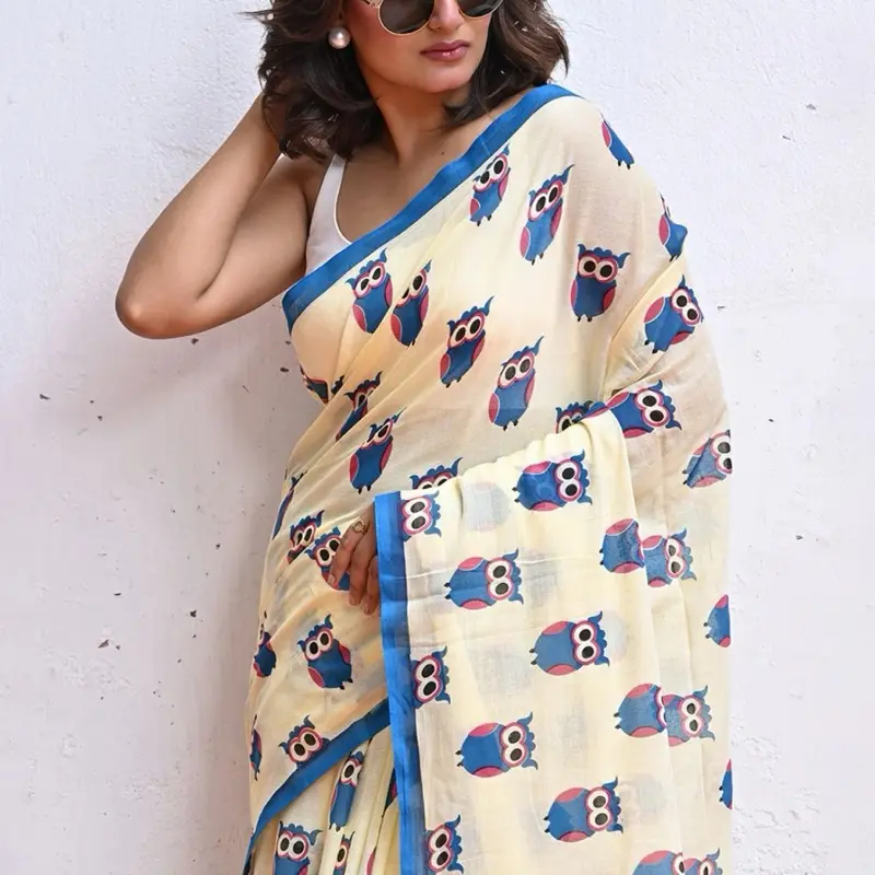 Owl Printed Mulmul Cotton Saree