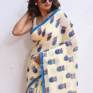 Owl Printed Mulmul Cotton Saree