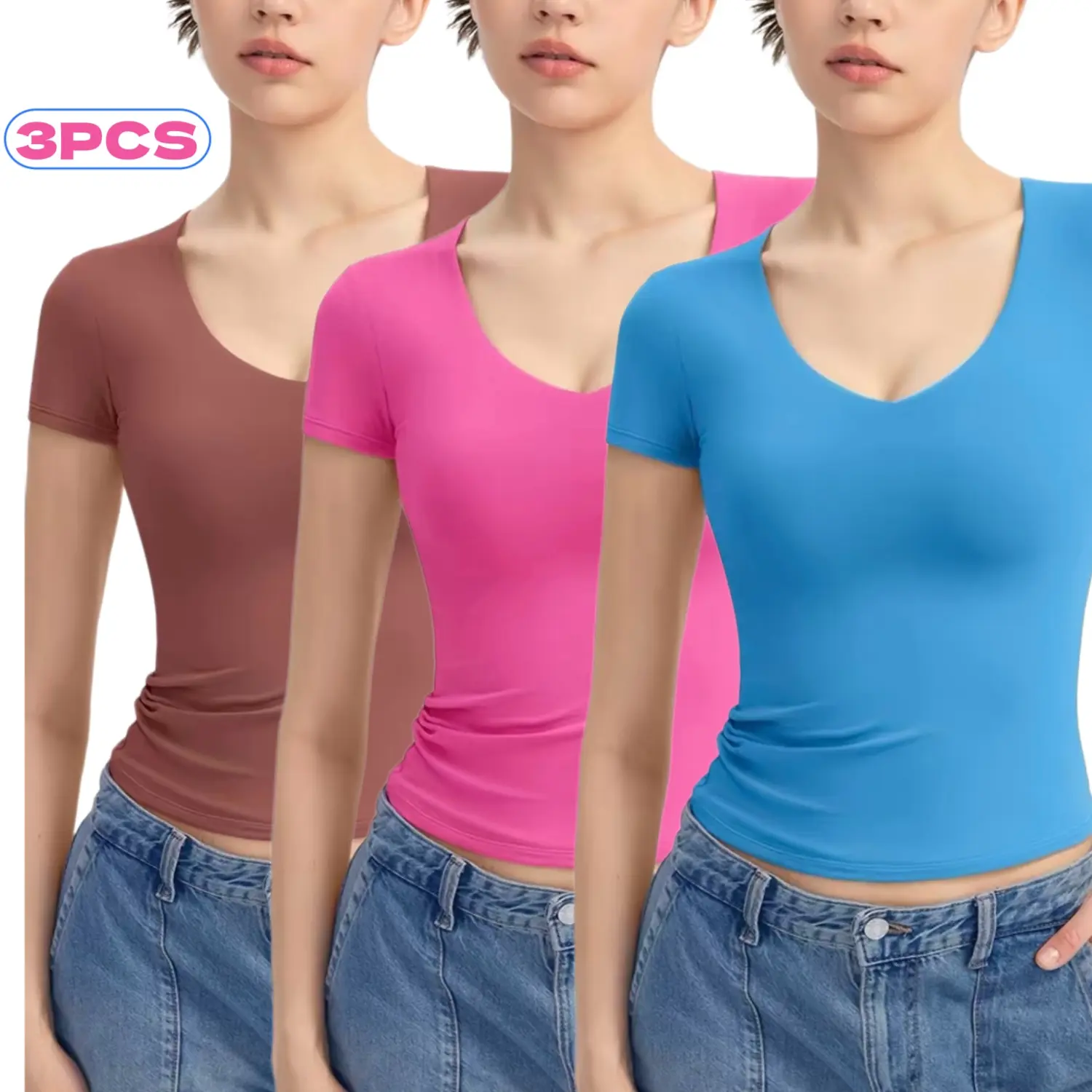 PUMIEY【3 Piece Set】Snatched V Neck Fitted T-Shirt, Double Layer Not See-Through, Buttery Soft Stretch Tee, Minimal Everyday Essential