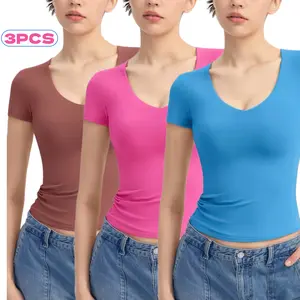 PUMIEY【Live】3 Piece V-Neck Short Sleeve Basic Women's Slimming Fit Top - Comfortable & Elegant Streetwear Womenswear Casual Chic Minimalist Casual Fashion Comfy
