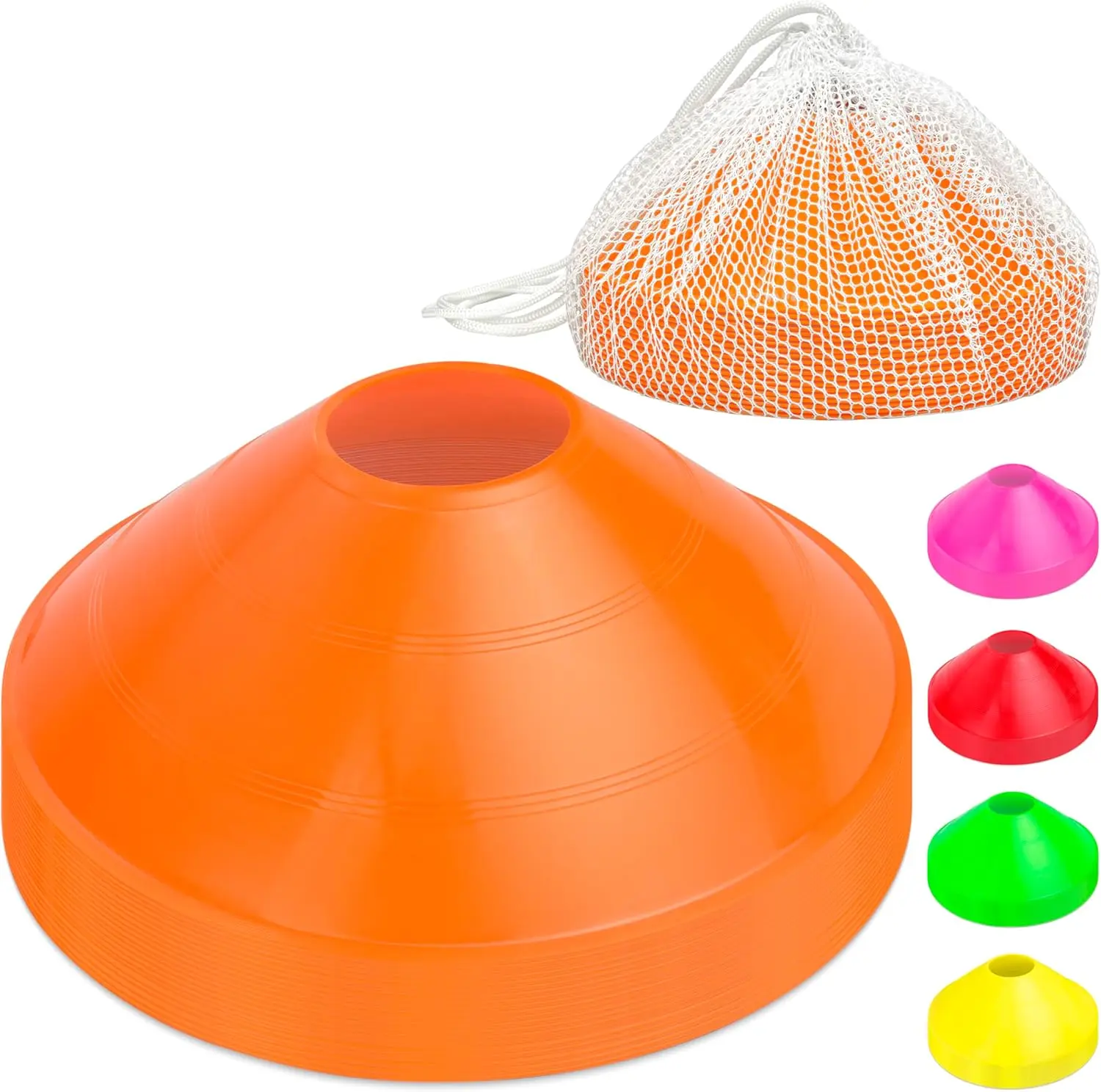 20-Pack Disc Cones - Durable Flexible Plastic Multi-Sport Agility Markers for Coaches, Gyms - Safe Flat Profile, Retains Shape, Includes Mesh Drawstring Bag, Ideal for Agility Training, Supports Player Development