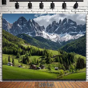 2D Flat, 1pc Large Mountain Forest Landscape Backdrop - Snow-Capped Alps - with Snow-Covered Peaks, Lush Green Fields & Alpine Houses - Self-Adhesive Wallpaper-like Wallpaper Decoration for Hom, Home, Photo Backdrop