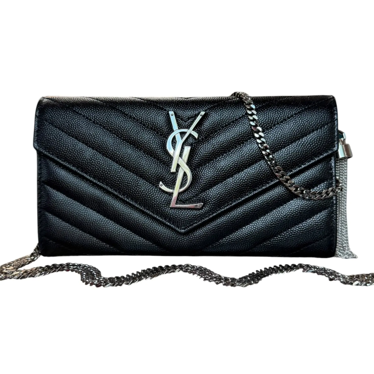 Pre-owned Yves Saint Laurent Leather Crossbody bags SAINT LAURENT Black Grained SHW Cassandra Clutch with Chain