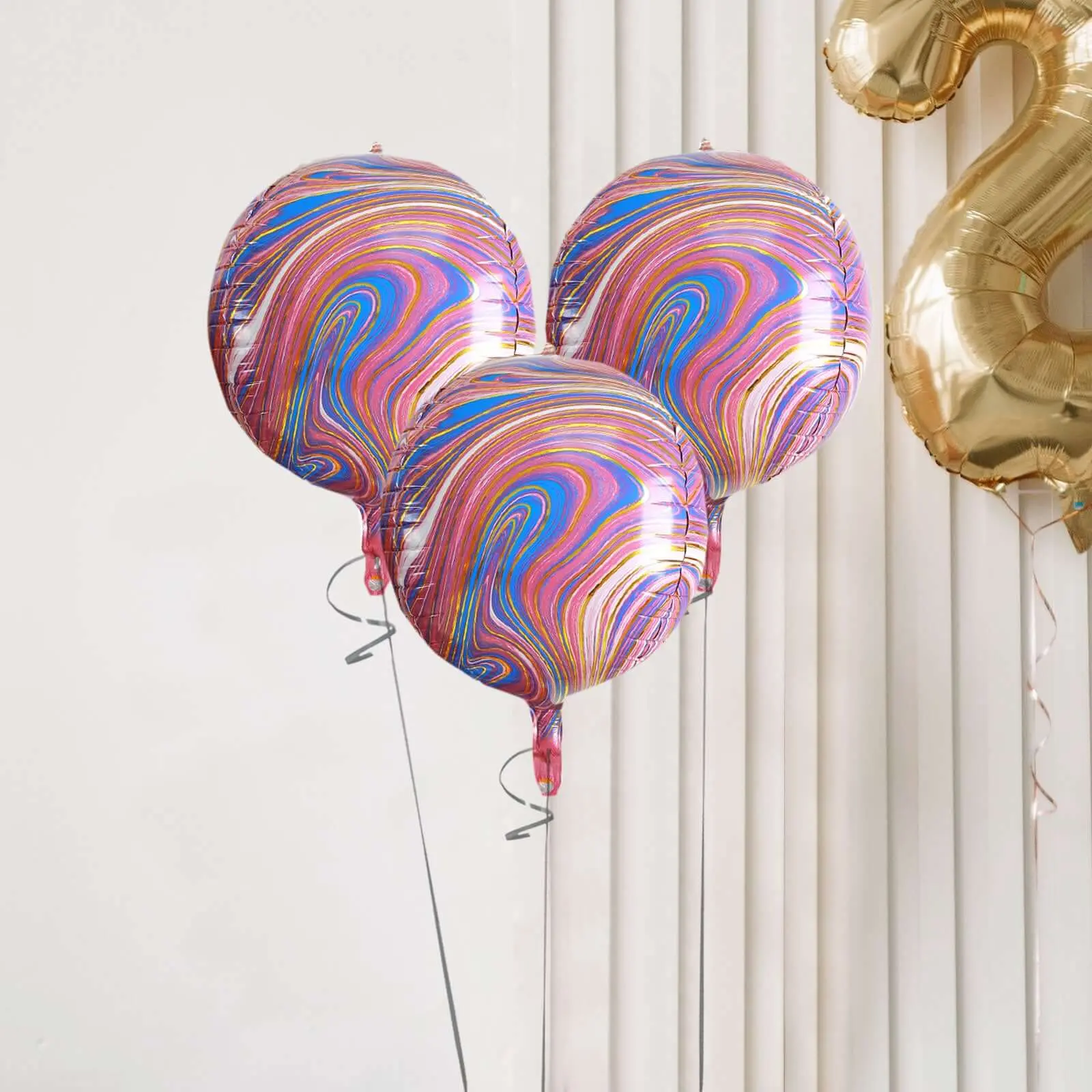 13 in Purple Gold Marble Swirls Orbz Foil Balloon Set, 3-Pack 4D Sphere Mylar Balloons, Flat Pack Party Decorations