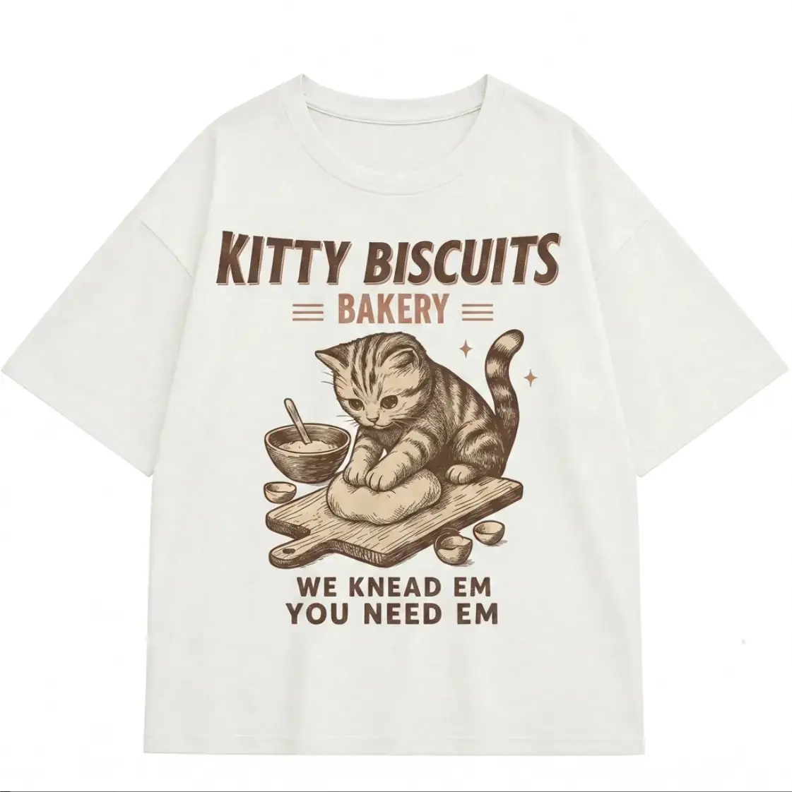 Women's Vintage Kitty Biscuits Bakery T-Shirt - Funny Cat Kneading Pun Tee, Baking Lover Gift
