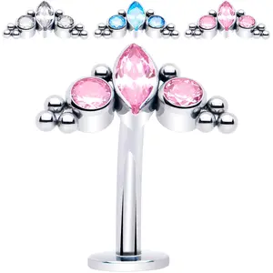 Gem Trio Titanium Push In Threadless Floating Belly Ring - Hypoallergenic 14 Gauge with Trio of Color Gems, Curved Post with Convex Disc End