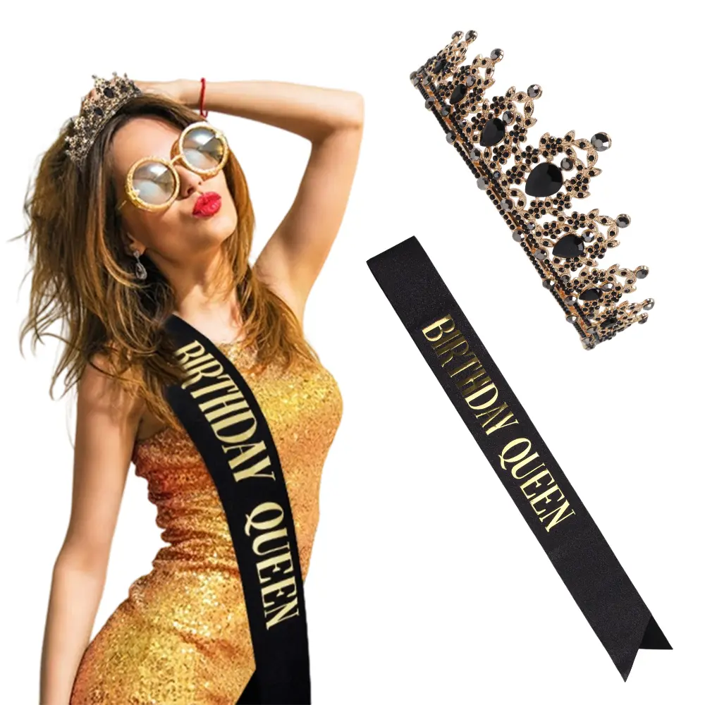 Women's Birthday Queen Party Accessory Gift Set - Lightweight Adjustable Glitter Black Metallic Sash with Gold Lettering, Hollow Cutouts Vintage Black Rhinestone Tiara with Alloy Frame, Nightout Photo Prop