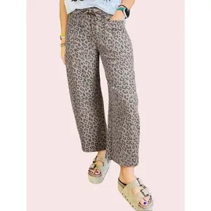 Women's Khaki Leopard Print Wide Leg Jeans with Drawstring Waist and Pockets for Everyday Wear