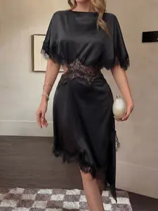 Black Satin Lace Patchwork Midi Dress Women One Piece Elegant Asymmetrical Hem Short Sleeve Slim Fit Waist Cinched Bodycon Silhouette Chic Formal Wear Evening Party Dress Luxury Silk Look Cocktail Dress Fashion Womenswear