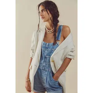 Danedvi Women's Sleeveless Denim Bib Overall Shorts - Casual Washed Denim Style Jeans Shortalls with Adjustable Straps, Cuffed Hem, Button Closure, Pockets, Loose Fit, Soft Blue Summer Everyday Outfits (Overalls for Women)