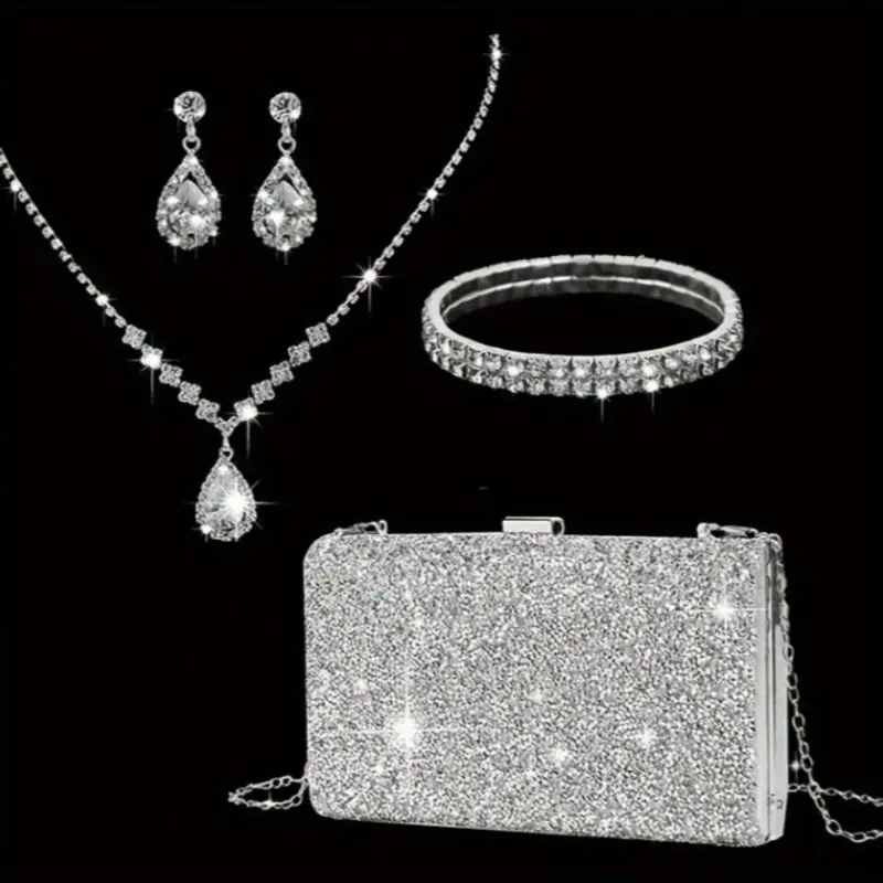 High-end luxury square box bag with light luxury waterdrop necklace, earrings and bracelet set - a four-piece set