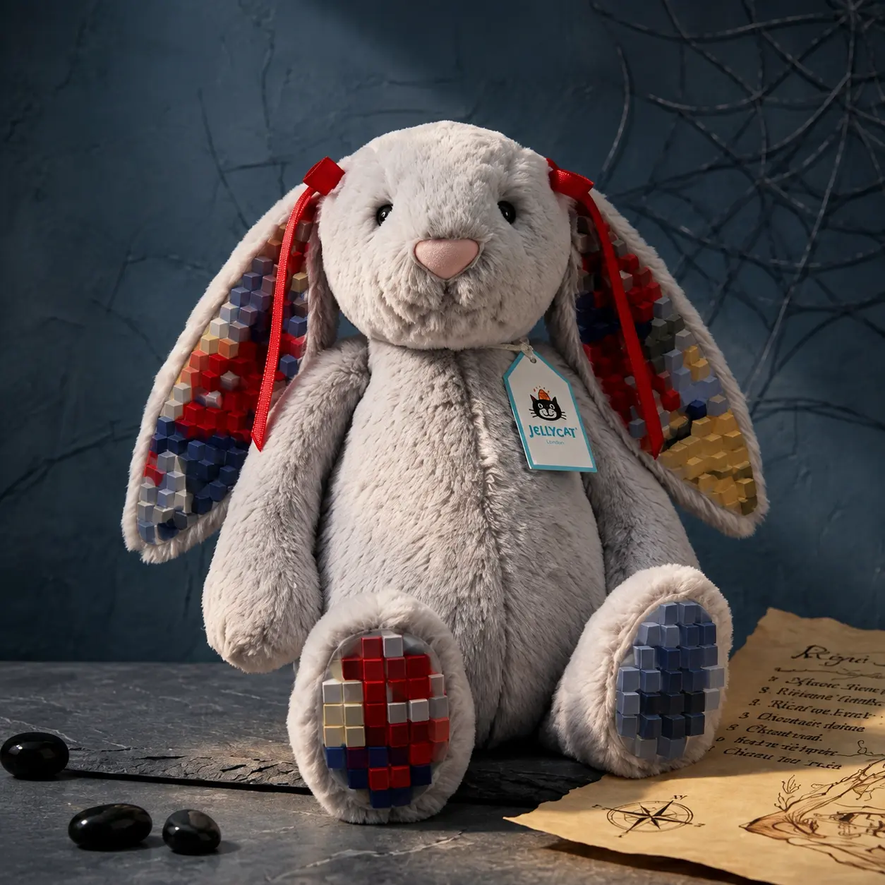 (Hot Item) Jellycat xSpider Bunny Plush, Custom Gray Floppy Ear Rabbit with Comic Spider Print Paws, Soft Stuffed Animal Gift