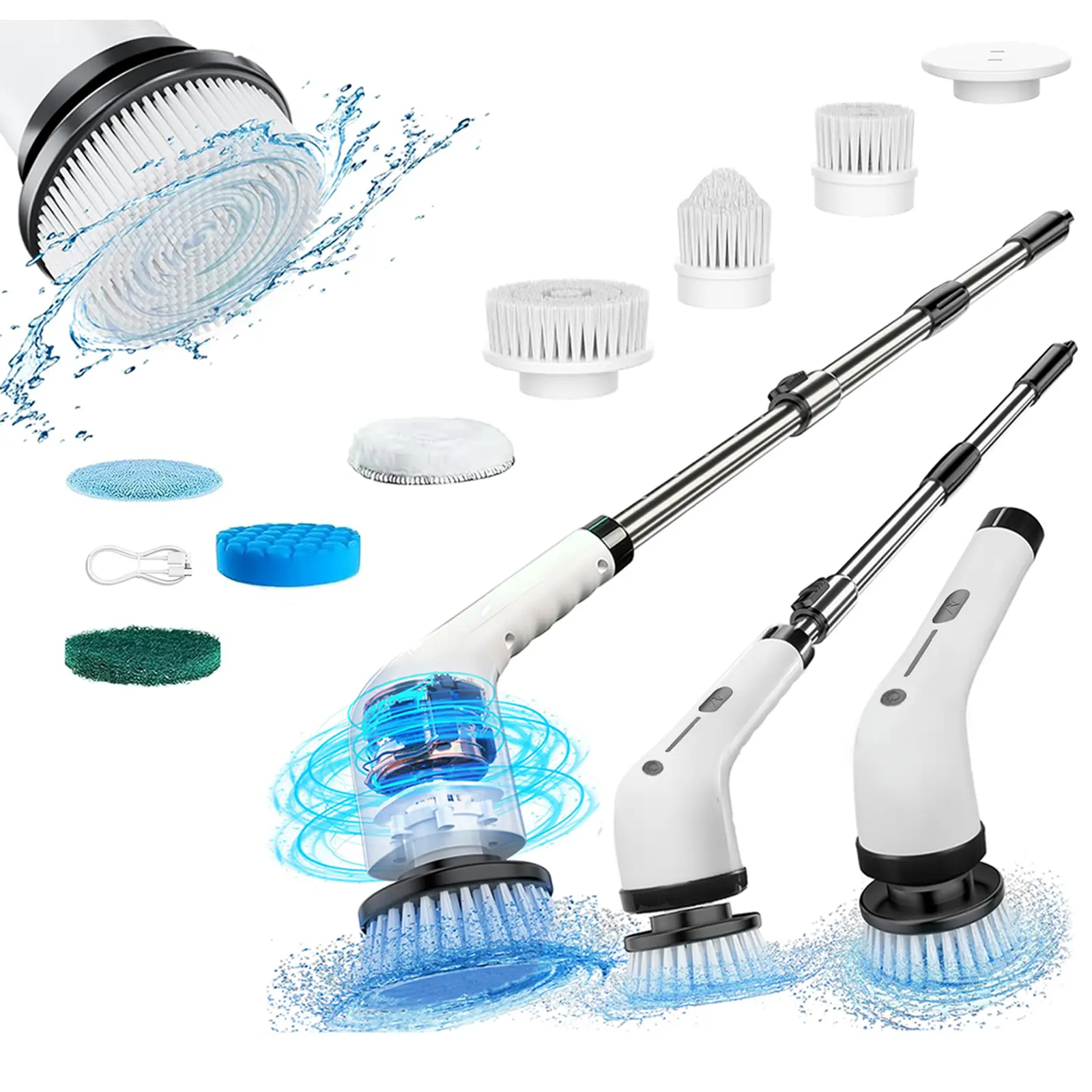 Cordless Handheld Electric Spin Scrubber - 4 Replaceable Brush Heads, IPX7 Waterproof, 3 Adjustable Extension Handles, 2-Speed Scrubbing Spin Brush for Bathroom Accessories, Kitchen Household Products, Shower Floor Scrubber, Cordless Handheld Scrubber