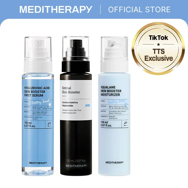 Viral Skin-Plumping Glass Skin Trio Set | Hyaluronic Acid Serum 150ml +  Retinal Serum 150ml + Squalane Moisturizer 150ml l Hydration, Anti-Aging, Wrinkle-Care & Barrier Care l MEDITHERAPY Official