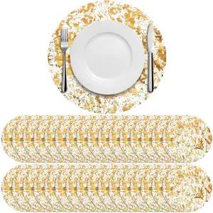 100 Pcs Disposable Gold Placemats Set 13 Inch Round Gold Foil Mesh Pressed Table Doilies Metallic Thin Mesh Table Runner For Home Decoration, Dining, Wedding, Birthday Party