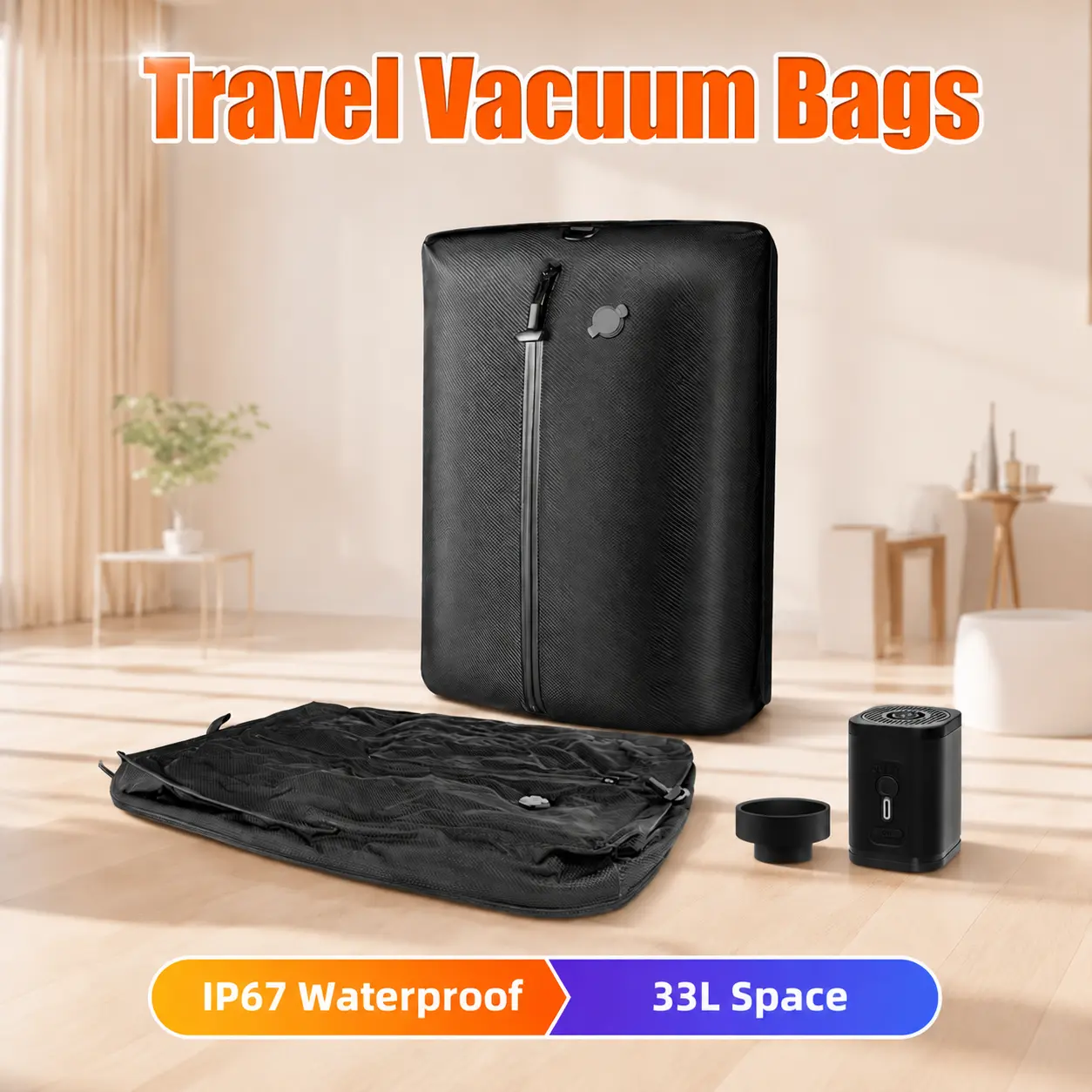 Summer Sale Cordless Travel Vacuum Compression Bag Set | IP67 Waterproof 33L Space Saver with Wireless Pump for Clothes, Blankets, Seasonal Storage, Luggage & Suitcases