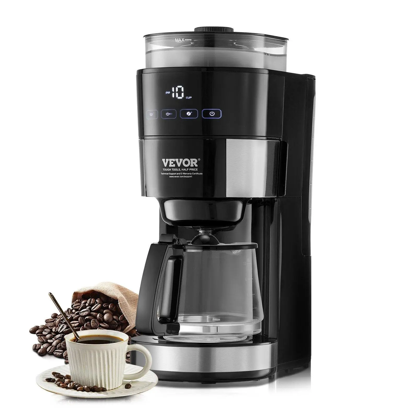 【Summerfinds】VEVOR Coffee Maker with Grinder,  8 Cup Programmable Coffee Machine, Grind and Brew Coffee Maker with 24-Hour Timer for Auto Brew, Reusable Filter, for Home Office Restaurant