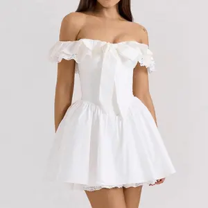 Boned Pure Desire White Dress |   Sexy Off-The-Shoulder Bow Waist-Cinching Backless Maxi Dress
