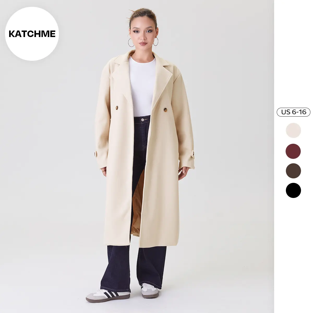 KatchMe Women's Basic Double-Breasted Notch Lapel Long Sleeve Thermal Outerwear, Cozy Jacket for Fall & Winter, Versatile Long Coat, Chic Womenswear