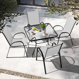 5-Piece Outdoor Dining Set, Textilene Stackable Chairs and Umbrella Hole