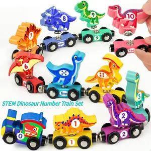 3 types of Dinosaur Number Train Set for Kids 3-5| Magnetic Wooden Toy with Engine & Cars - Educational STEM Activity, Learning Birthday or Christmas Gift for Boys| Mixed Color