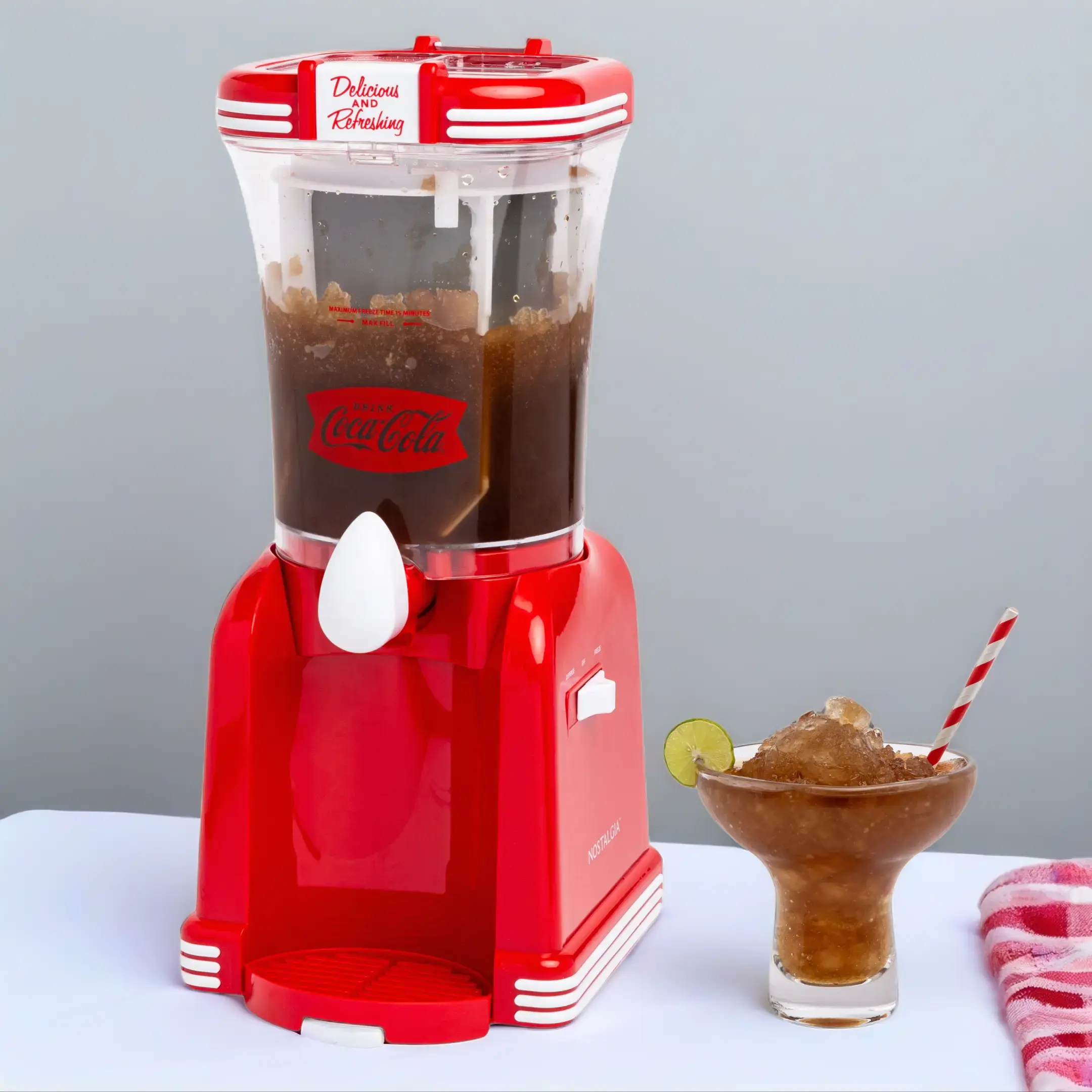 Nostalgia Coca-Cola 32oz Retro Slush Drink Maker - Large Capacity Kitchen Appliance with Salt & Ice Function, Easy-Flow Spout, Detachable Cup Rest, 3-Way Switch, Cord Storage, Easy Cleaning, Separate Lid Openings for Party Hosts