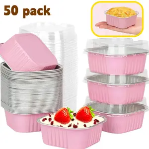 Stylish Pink Square Mini Aluminum Foil Baking Cups Aluminum Liners 50Pack 5oz Airtight With Lids 2.7x2.7 Inch Disposable Dessert Containers Ideal For Parties Picnics Daily Kitchen Use