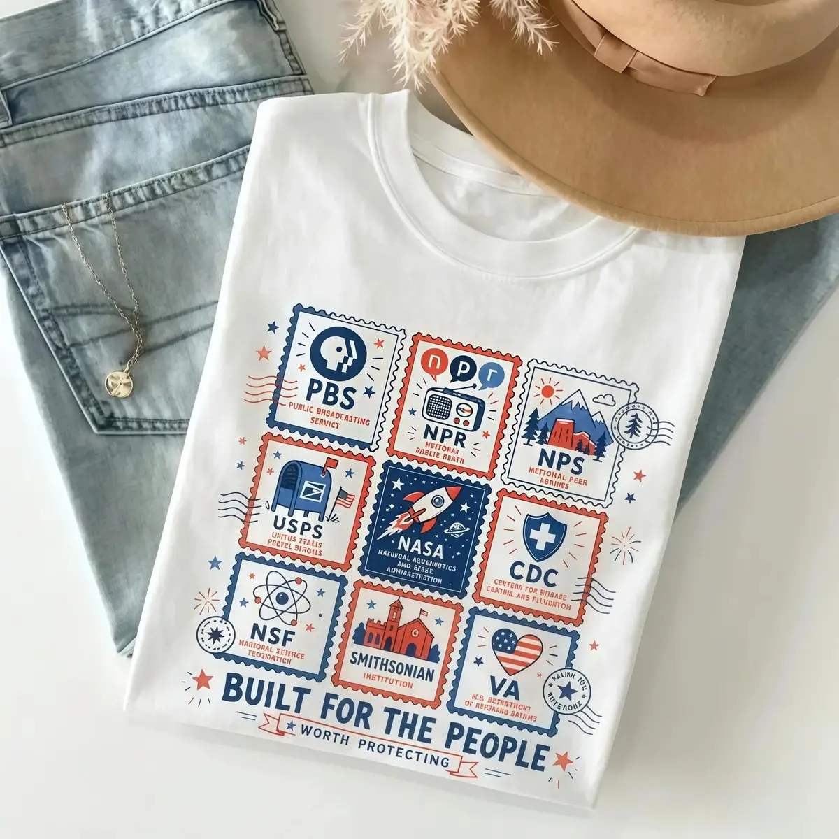 Unisex Boxy Fit Heavyweight Tee Vintage Aesthetic Built For The People Graphic T-Shirt, Cool NASA USPS NPR stamps, Men's Casual Classic Soft Breathable Cotton Crewneck Graphic Print Tee Top, Summer OOTD Streetwear Shirt& Tshirt for Menswear & Womenswear G