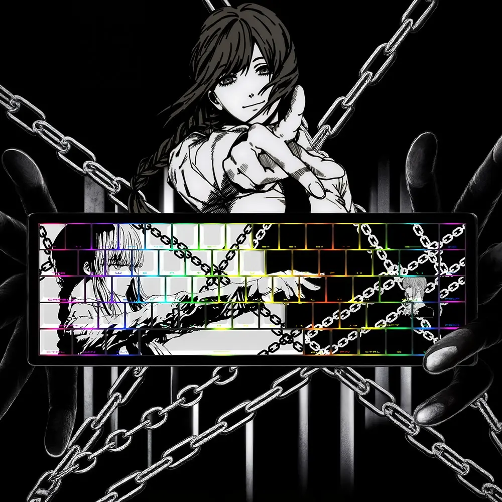 Makima Lock Chain Anime PBT Plastic Keycaps, Cherry Profile & Cherry Shape, Side-Printed Shine-Through, 5-Sided Dye Sublimation, Black-White Manga Design, for 61/68/87/104/108-Key Mechanical Keyboards, Computer Peripheral Accessory