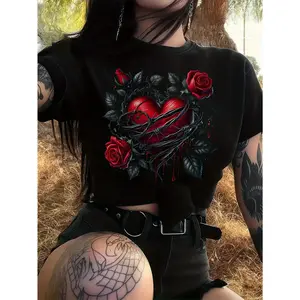 Women's Gothic Knit T-Shirt, Round Neck Bat Wing & Rose Thorns Design, Black-Red Heart Print Short Sleeve Top, Medium-Stretch Machine-Washable Fabric, for Daily Wear or Halloween, Trendy Gift for Women's Clothes