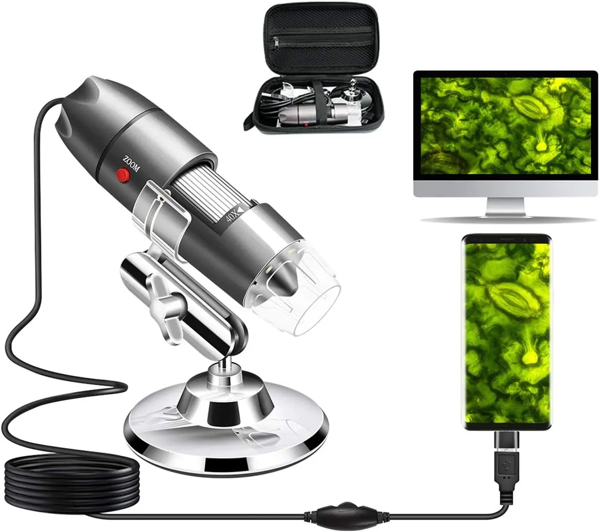 USB Microscope Camera 40X to 1000X,  Digital Microscope with Metal Stand & Carrying Case, Compatible with Android Windows Linux , Portable Microscope Camera for  Students Adults (Gray)