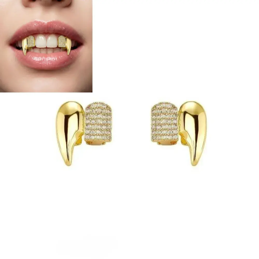 Hiphop Gold Vampire Fangs Grillz Top Teeth Grills, Iced Out Diamond Rhinestone Tooth Caps, Halloween Cosplay Rapper Jewelry, 18K Gold Plated Hip Hop Accessories for Men Women Party Costume