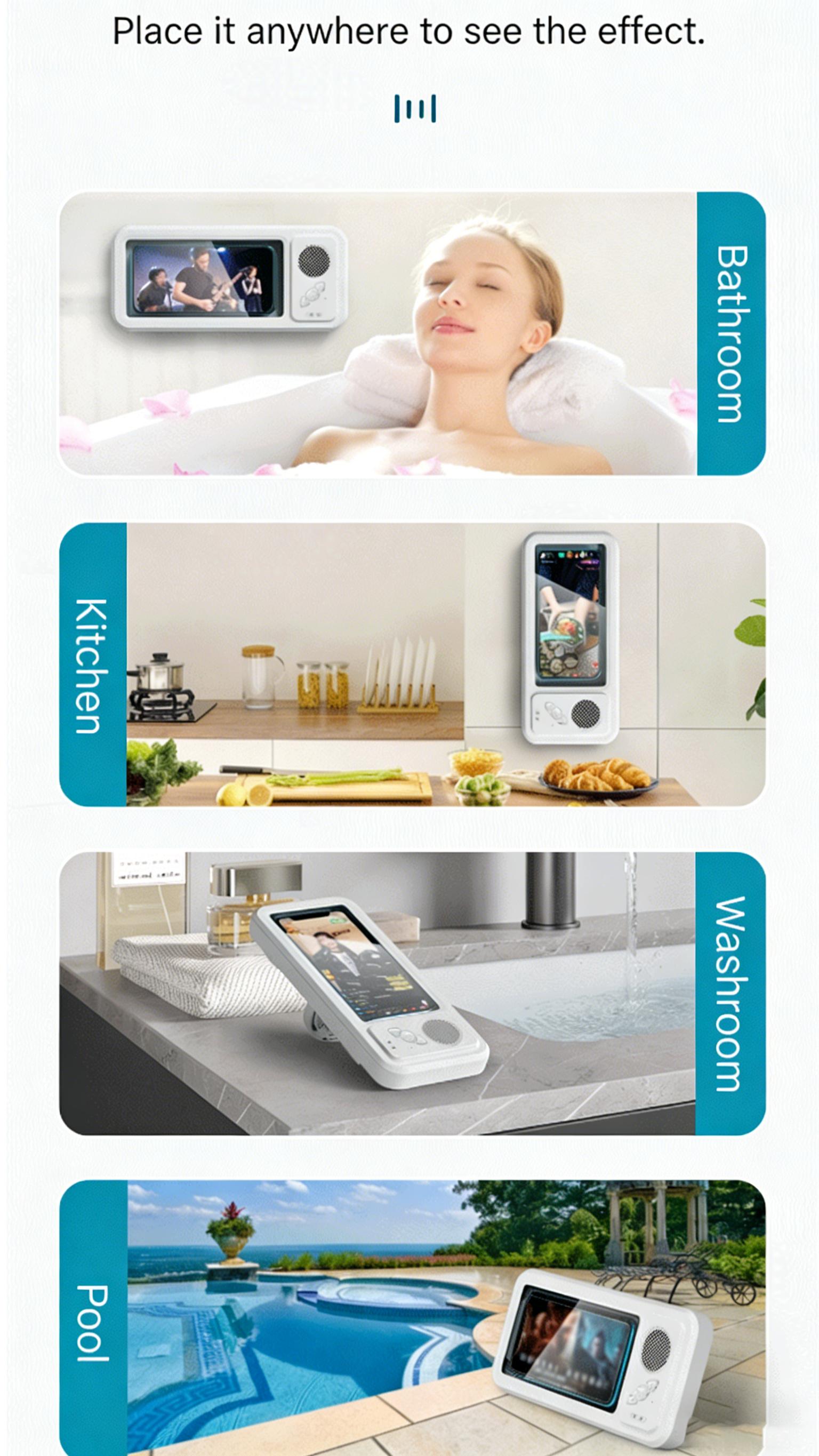 Waterproof Shower Phone Holder with Built-in Bluetooth Speaker, 360° RotatingTouchscreen Case, Anti-Fog, Hands-Free Mount for Bathroom, Kitchen, Pool - WatchNetflix/YouTube While Showering