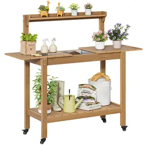 【CategorySelect】ONBRILL HDPS Outdoor Potting Bench with Sliding Tabletop/ 4 Wheels/Removable Sink, All-Weather Outside Garden Work Table, No Rust/Fade/Break, Potting Station for Porch, Patio & Backyard