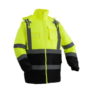 VEVOR High Visibility Reflective Safety Jacket, Waterproof Safety Hoodie, Work Construction Coat with Pockets for Men & Women, Rain Gear Meet ANSI & Class 3, Hi Vis Yellow Coat with Black Bottom, L