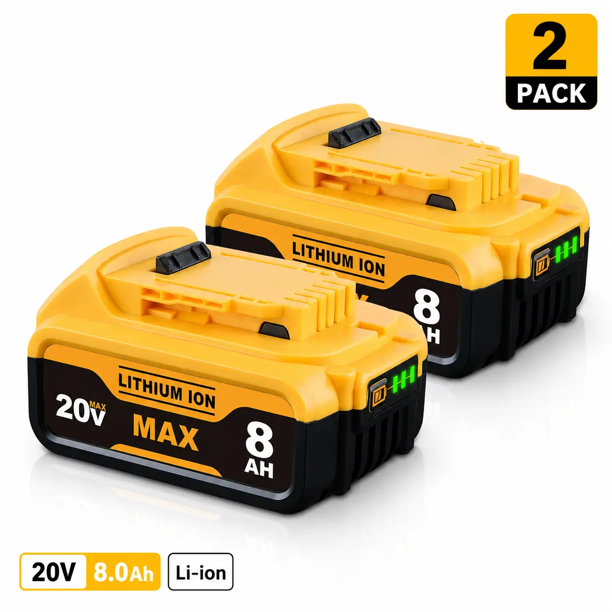 Upgraded Lithium Power Tools Batteries (2-Pack, 20V 8.0Ah 160Wh) - Heavy-Duty Upgraded Battery Replacement for Dewalt 20V Max DCB Series (DCB200, DCB206, DCB207) Cordless Drills, Saws, Power Tools Battery