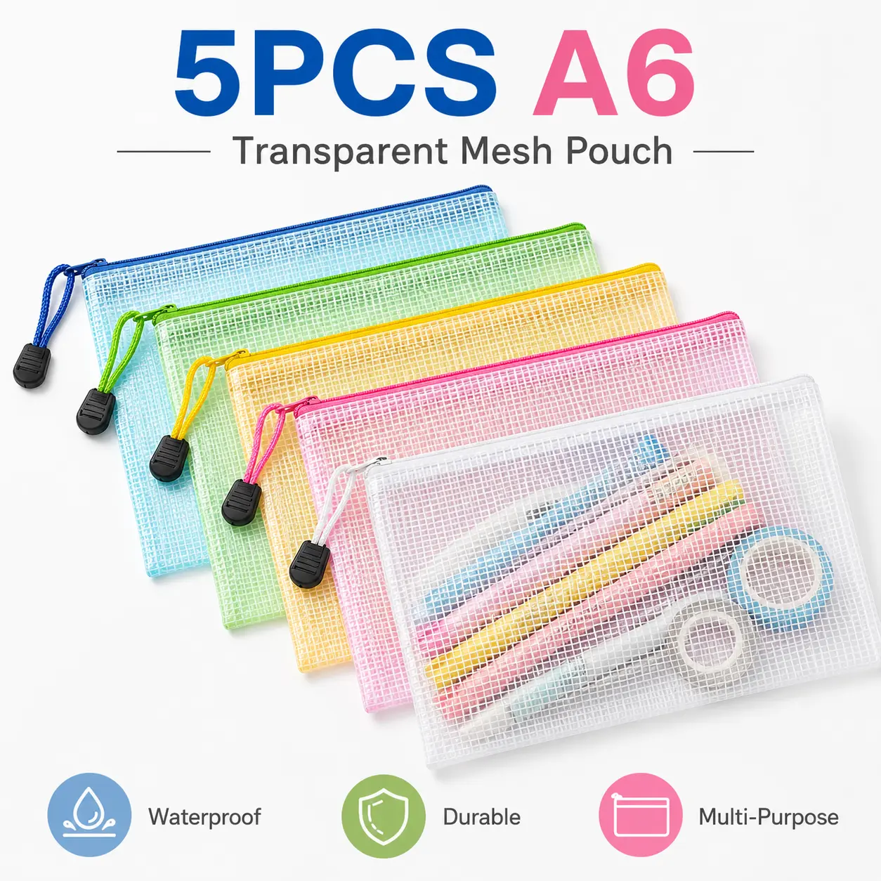 5-Pack A6 Clear Mesh Zipper Pouches, Waterproof Document & Stationery Organizer Bags for School Supplies, Office Files, Receipts, Cosmetics and Travel Essentials