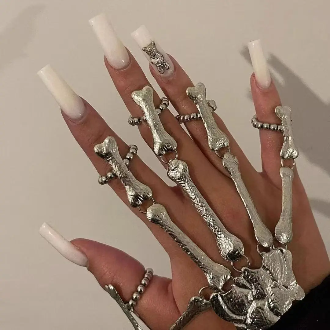 Unisex Adjustable Punk Skeleton Hand Bracelet - Skull Bone Chain Glove, Gothic Y2K Halloween Cosplay Fashion Costume Jewelry Accessory (Silver, Gold)