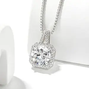 15-16″ Adjustable Necklace 2ct Platinum Plated Silver Solitaire Cubic Zirconia Pendant Necklace