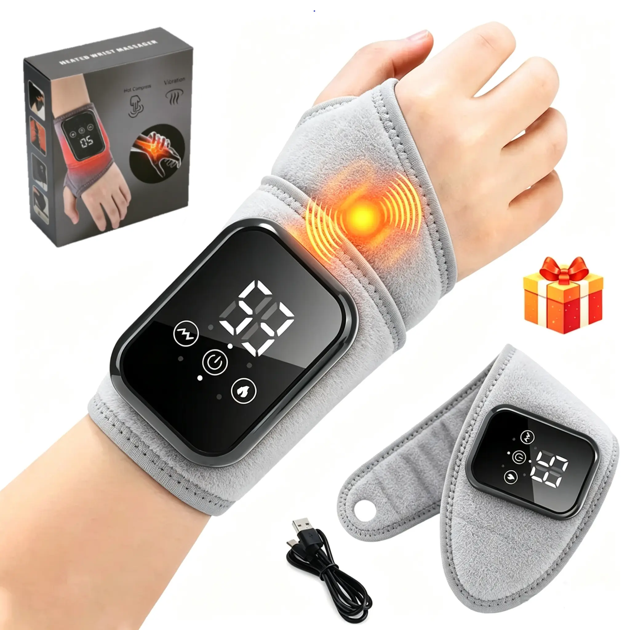 Cordless Wrist Heating Pad, Electric Hand Massage Wrist Wrap with 3 Heating Levels, Adjustable Heating Temperature, 3 Vibrations, Hand Relaxation Device, Mother’s Day Gift