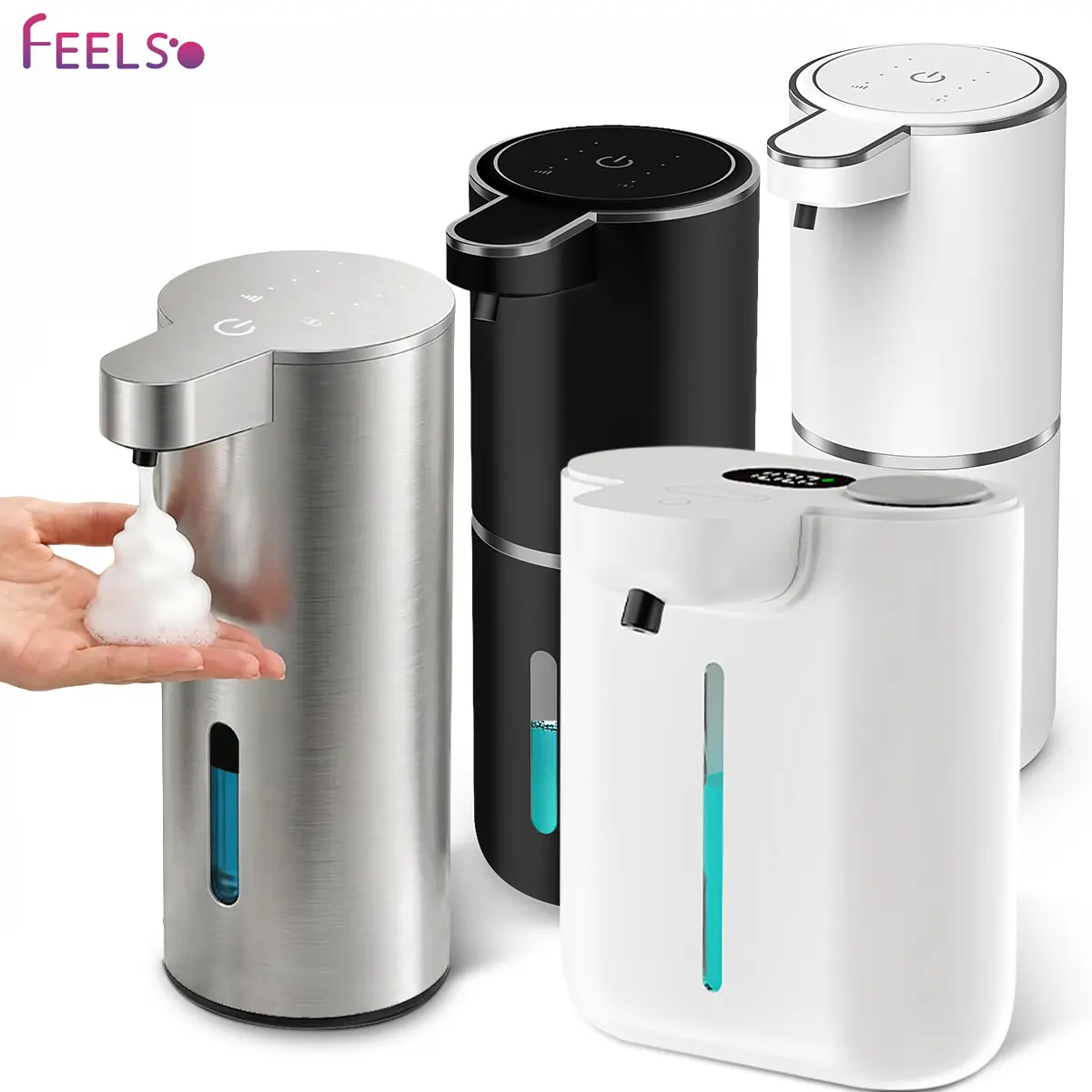 FEELSO Automatic Waterproof Touchless Foam Hand Soap Dispenser - USB-C Rechargeable, Wall Mounted, 4-Level Adjustable Pump, 5000+ Uses Per Charge, for Bathroom & Kitchen