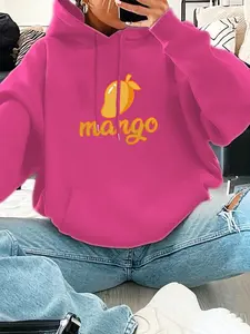 Women's Casual Fashion Hoodie Mango Letter Print Kangaroo Pocket Drawstring, Fall & Winter Wear, Daily Use, Stylish Women's Clothing