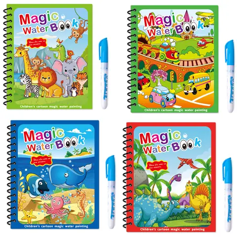Hatwoo 4-Pack Reusable Magic Water Doodle Books (4 Pages Each) - Unisex Kids Toys, Educational Arts & Crafts with Refillable Random-Color Art Pens, Dino & Sea Animal Themes, Spiral-Detach Pages, Kids Christmas Gifts for Girls
