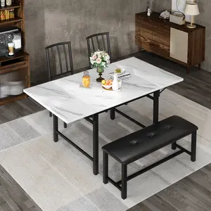 AWQM Faux Wood Drop-Leaf Dining Table Set of 4 -Space-Saving Breakfast Nook with 2 Backrest Chairs and 1 Upholstered Bench,Kitchen Dining Set for 2-4