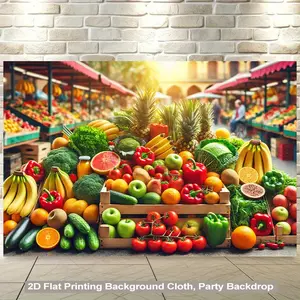 2D Flat, 1pc Vibrant Farmers Market Backdrop Banner - Realistic Fruit & Vegetable Display with Bananas, Apples, Tomatoes, Lettuce - No Electricity Needed, Easy Hang Wall Decor for Kitchen, Party, Home, Office - Durable Polyester Fabric Decoration, Home