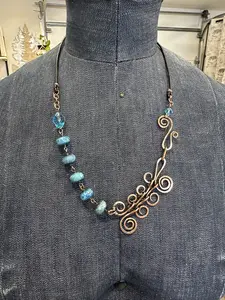 Crazy Chain Necklace - Raw Copper Hand Crafted with Semiprecious Stones & Genuine Leather One of a Kind Jewelry
