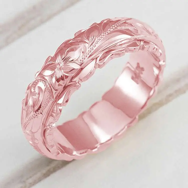 Women's Engravable Name Rose Ring - Rose Gold Plated Hammered Wedding Band, European-American Fashion Costume Jewelry, Female Wedding & Anniversary Gift
