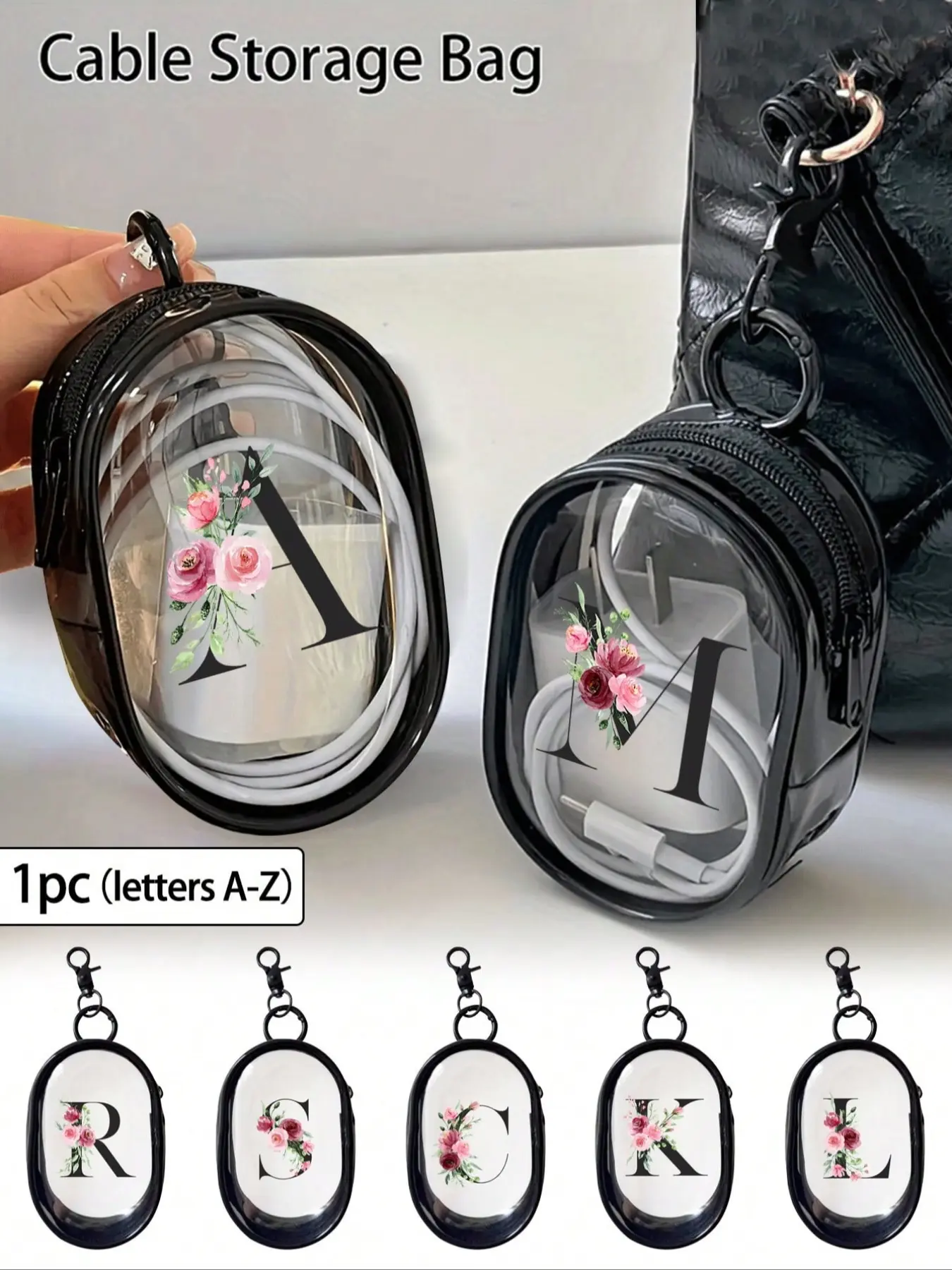 One portable mini transparent zippered storage bag, featuring a letter and flower design, transparent travel accessories, black, Travel Organizer Bags, perfect for storing small items, Travel Organization Pouch, Travel Packing Pouch