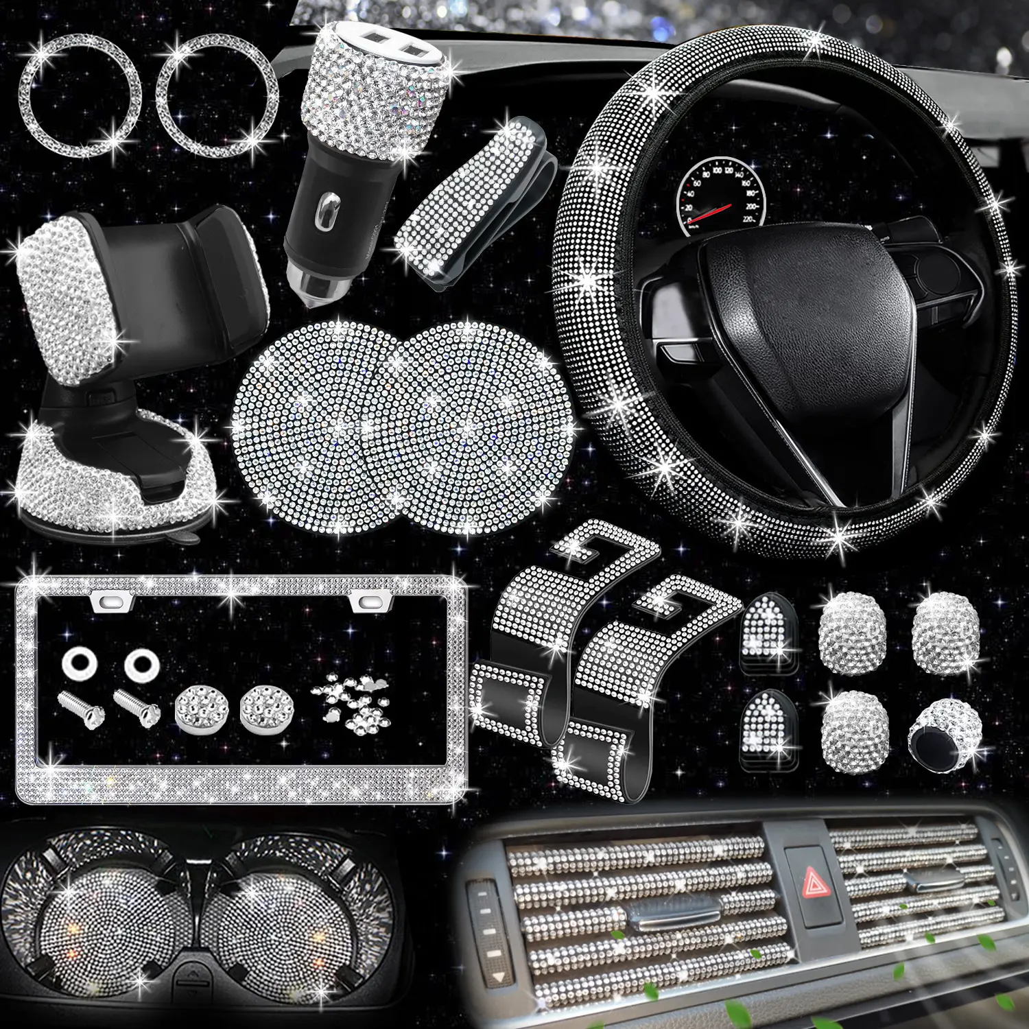 27-Piece Shiny Car Accessories Set for Women, Shiny Steering Wheel Cover Universal Type, 15inch Shiny License Plate Holder, Shiny Phone Holder, Shiny Car Cup Mat