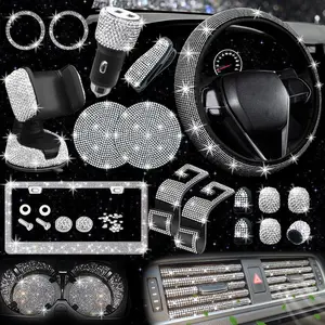 27-Piece Shiny Car Accessories Set for Women, Shiny Steering Wheel Cover Universal Type, 15inch Shiny License Plate Holder, Shiny Phone Holder, Shiny Car Cup Mat